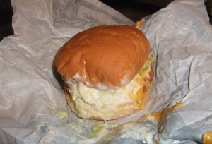 Exploding Cheesy Chicken Sandwich from Jack In The Box, a worthy follow-up to their infamous tastes-like-cigarette-smoke Bacon Shake